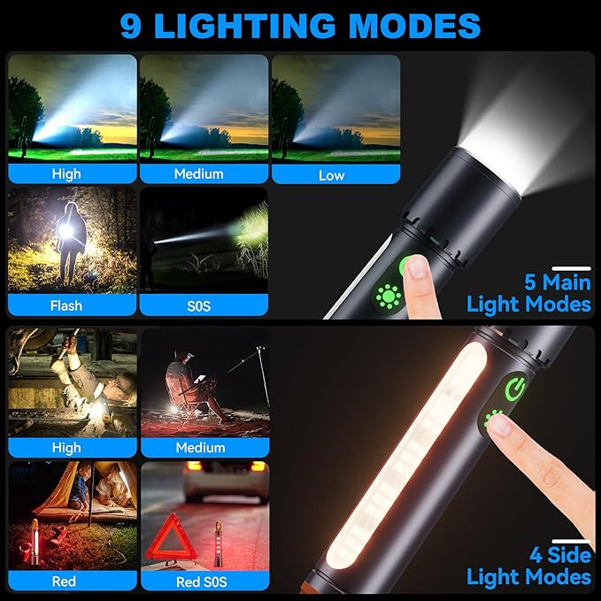 Rechargeable 5000mAh Flashlights – High Lumens with 9 Modes